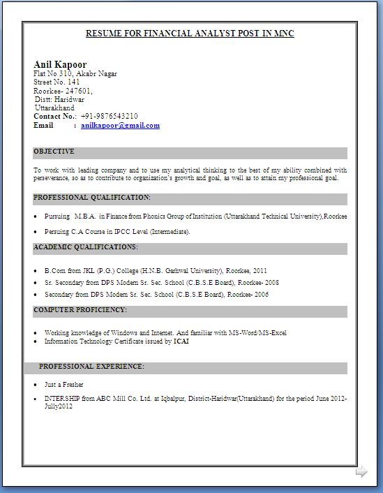 Free download resume format for freshers in word